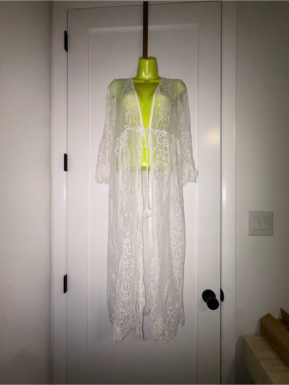 White Lace Long Kimono Robe - Sheer Floral Cover-Up